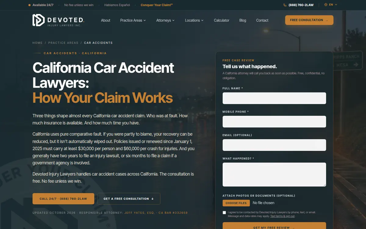 Devoted Injury Lawyers car accident page with a free case review form