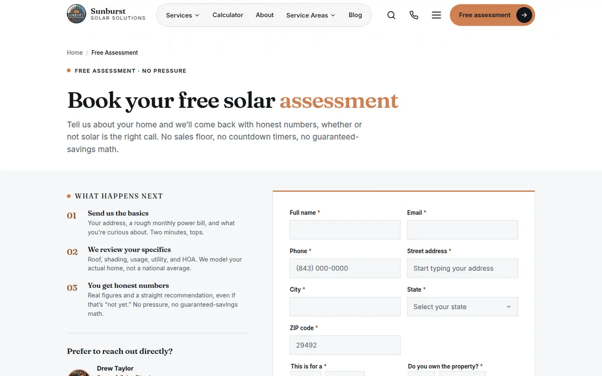 Sunburst Solar free assessment page with request form
