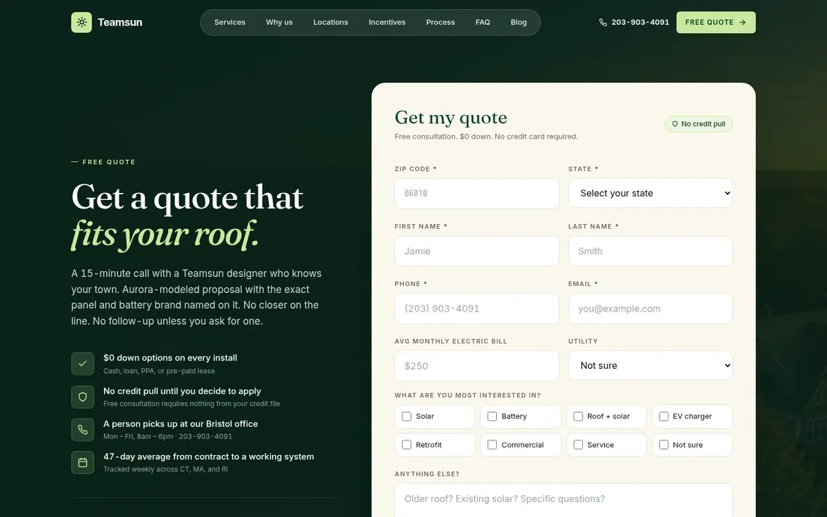 Teamsun get a quote page with guided quote form
